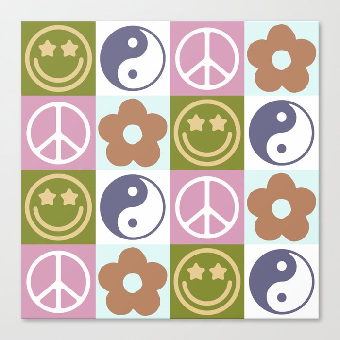 Cute Checked Symbols Pattern (SMILEY FACE \ YIN YANG \ PEACE SYMBOL \ FLOWER) Canvas Print