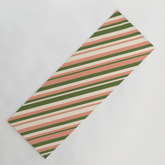 Dark Salmon, Dark Olive Green & Beige Colored Lines/Stripes Pattern Yoga Mat