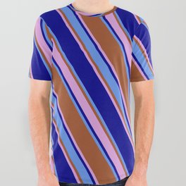 [ Thumbnail: Sienna, Plum, Dark Blue & Cornflower Blue Colored Lines/Stripes Pattern All Over Graphic Tee ]