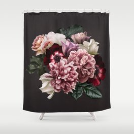 Vintage flowers bouquet. Peony, roses, anemone on dark moody background. Shower Curtain