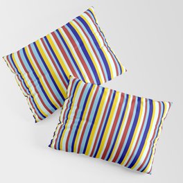 [ Thumbnail: Vibrant Red, Light Cyan, Yellow, Dark Blue, and Sky Blue Colored Lines Pattern Pillow Sham ]