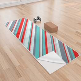 [ Thumbnail: Colorful Light Grey, Red, Turquoise, Slate Gray & Light Cyan Colored Pattern of Stripes Yoga Towel ]