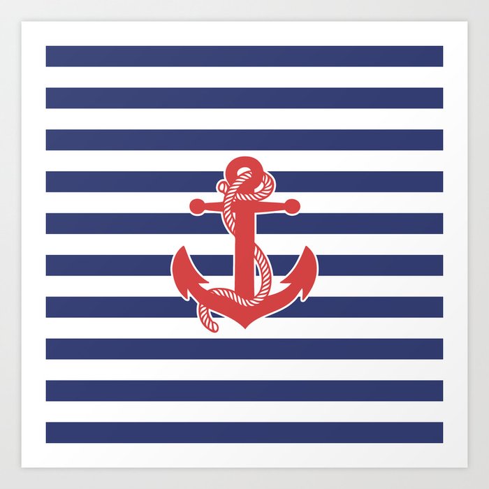 Retro Navy Anchor and Stripes Pattern 222 Red White and Blue Art Print