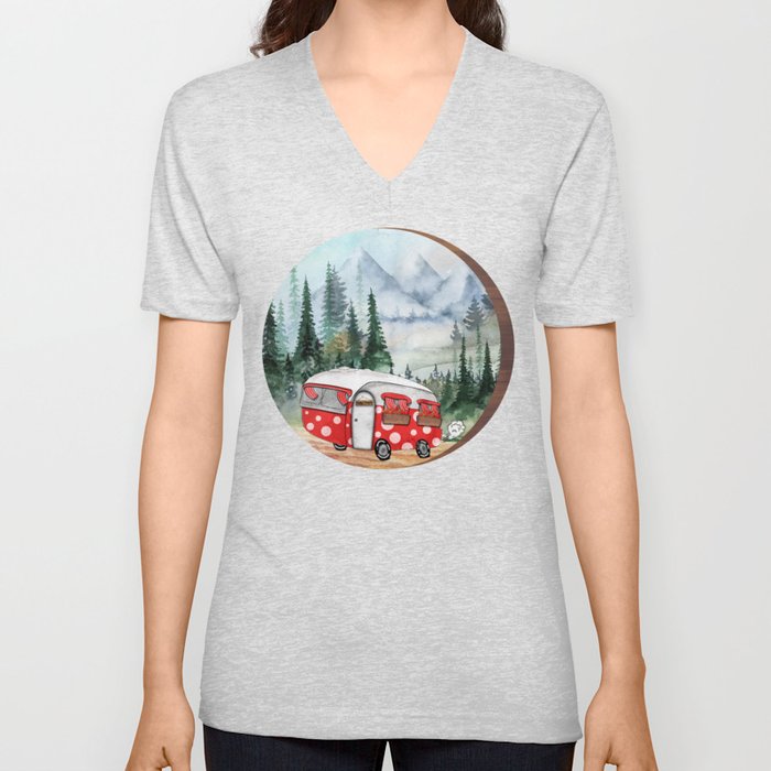 Mountain Adventure Camper Illustration V Neck T Shirt