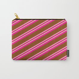 [ Thumbnail: Light Pink, Deep Pink & Brown Colored Lined/Striped Pattern Carry-All Pouch ]