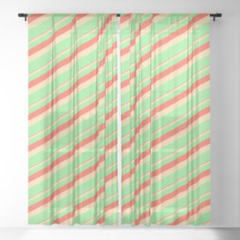 [ Thumbnail: Red, Tan & Light Green Colored Lines Pattern Sheer Curtain ]