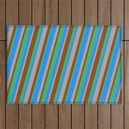 [ Thumbnail: Blue, Dark Grey, Brown & Sea Green Colored Pattern of Stripes Outdoor Rug ]