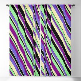 [ Thumbnail: Light Green, Purple, Slate Blue, Pale Goldenrod, and Black Colored Lines/Stripes Pattern Blackout Curtain ]
