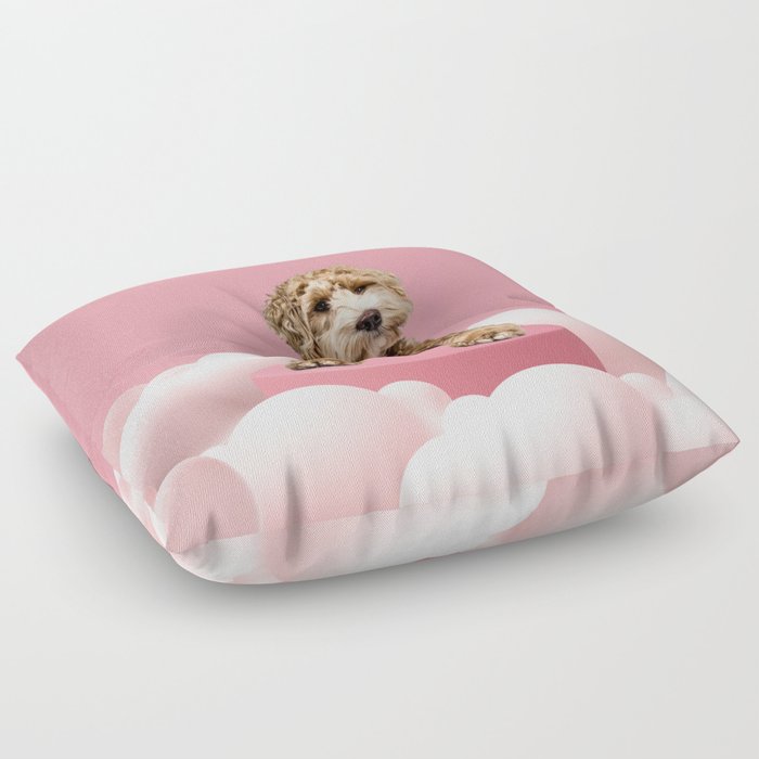Goldendoodle Laying on Pastel Pink Podium with Cloud Floor Pillow