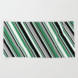 [ Thumbnail: Dark Gray, Sea Green, Mint Cream, and Black Colored Stripes/Lines Pattern Beach Towel ]