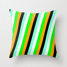 [ Thumbnail: Vibrant Lime, Orange, Black, Aquamarine & Mint Cream Colored Pattern of Stripes Throw Pillow ]