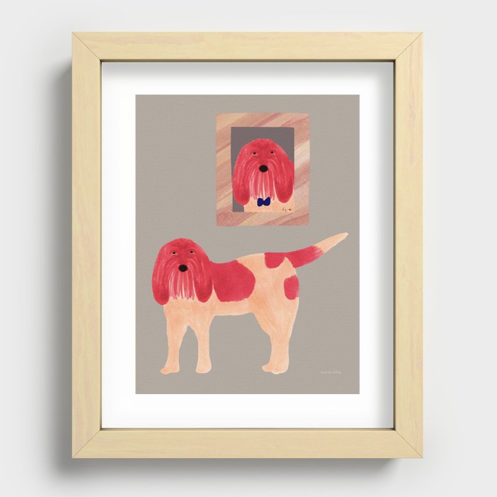 Dog and an Ancestor Portrait - Pink and Grey Recessed Framed Print