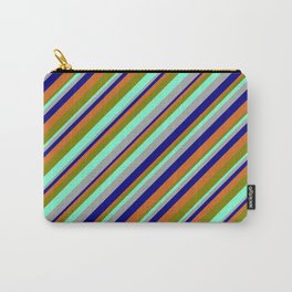 [ Thumbnail: Eyecatching Dark Grey, Blue, Chocolate, Green, and Aquamarine Colored Striped Pattern Carry-All Pouch ]