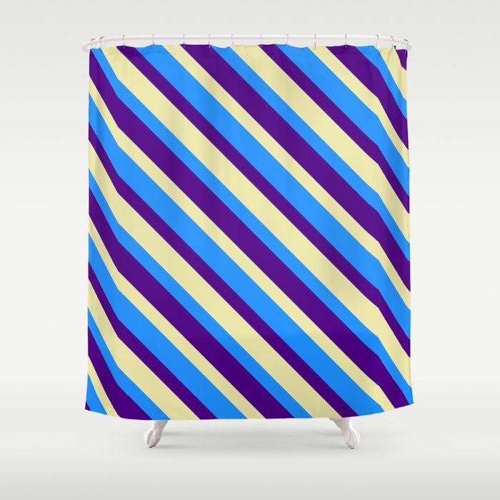 Blue, Indigo, and Pale Goldenrod Colored Striped Pattern Shower Curtain
