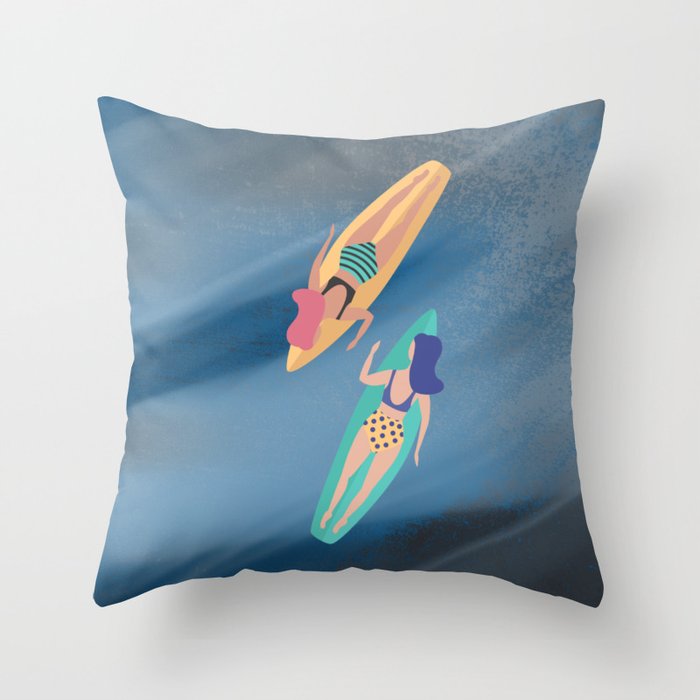 Surf Sisters - Muted Ocean Color Girl Power Throw Pillow