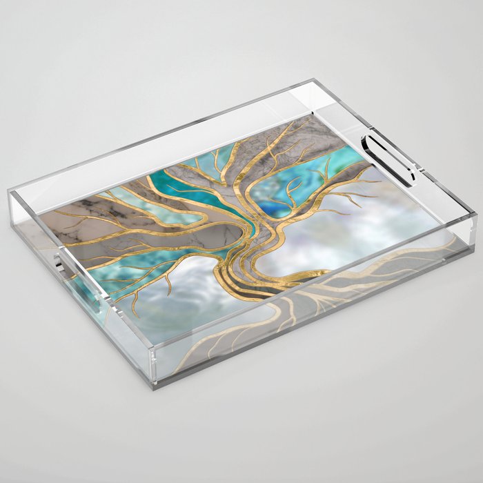 Taupe and teal Marble Tree of life Acrylic Tray