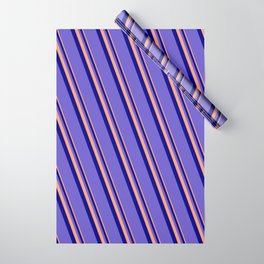 [ Thumbnail: Light Salmon, Blue, and Slate Blue Colored Stripes Pattern Wrapping Paper ]