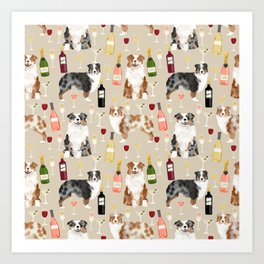 Australian Shepherd blue and red merle wine cocktails yappy hour pattern dog breed Art Print