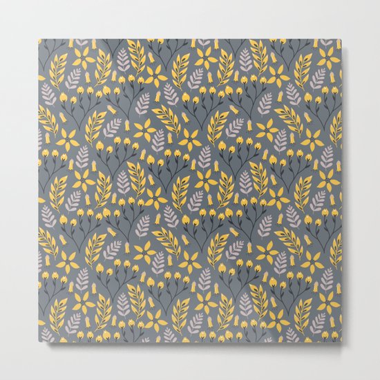 Yellow Floral Gray Metal Print