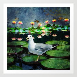 Refuge - Seagull on Waterlily Art Print