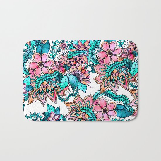 Boho turquoise pink floral watercolor illustration Bath Mat