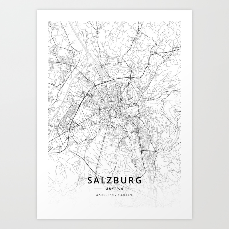 Salzburg Austria Light Map Art Print By Designermapart Society6