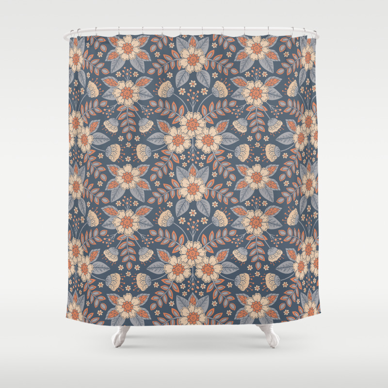 Slate Blue Cream Peach Floral Pattern Pastel Flowers Leaves