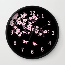 Cherry Blossom Pink Black Wall Clock | Graphicdesign, Butterflies, Floral, Curated, Feminine, Pinkcherry, Sakura, Plumblossom, Pink, Cherryblossoms 