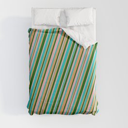 [ Thumbnail: Light Pink, Dark Turquoise, Brown & Dark Green Colored Lines Pattern Duvet Cover ]
