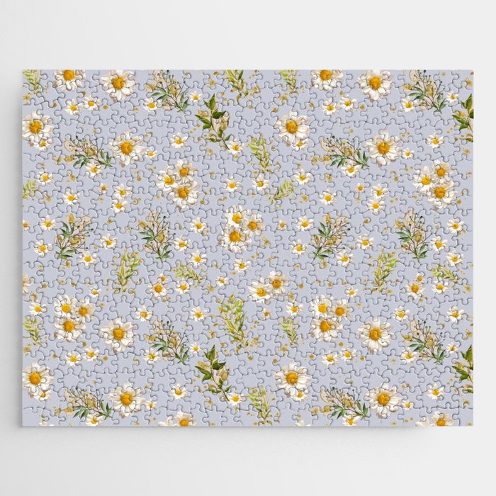 White Daisies Floral Field Pattern Light Neutral Pastel Blue Jigsaw Puzzle