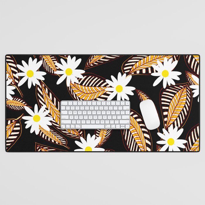Lovely White Flowers and Brown/Orange Leaves on Black Background #decor #society6 #buyart Desk Mat