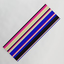 [ Thumbnail: Deep Pink, Pale Goldenrod, Blue, and Black Colored Striped/Lined Pattern Yoga Mat ]