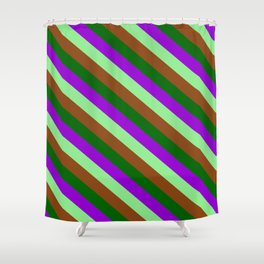 [ Thumbnail: Dark Green, Dark Violet, Light Green, and Brown Colored Lines Pattern Shower Curtain ]