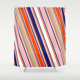 [ Thumbnail: Colorful Red, White, Tan, Midnight Blue, and Pink Colored Lines/Stripes Pattern Shower Curtain ]