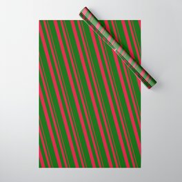 [ Thumbnail: Crimson & Dark Green Colored Lined/Striped Pattern Wrapping Paper ]