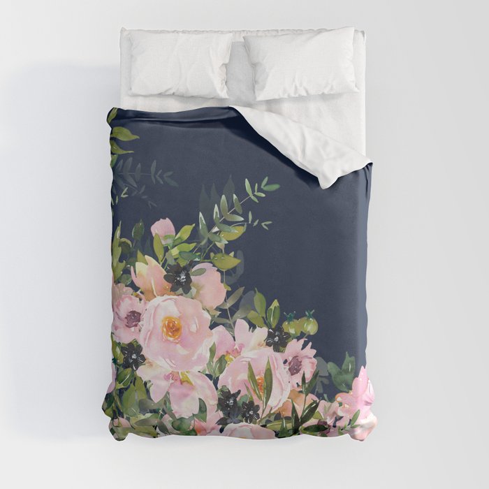 Floral Watercolor, Roses, Navy Blue and Pink, Vintage Art Duvet Cover