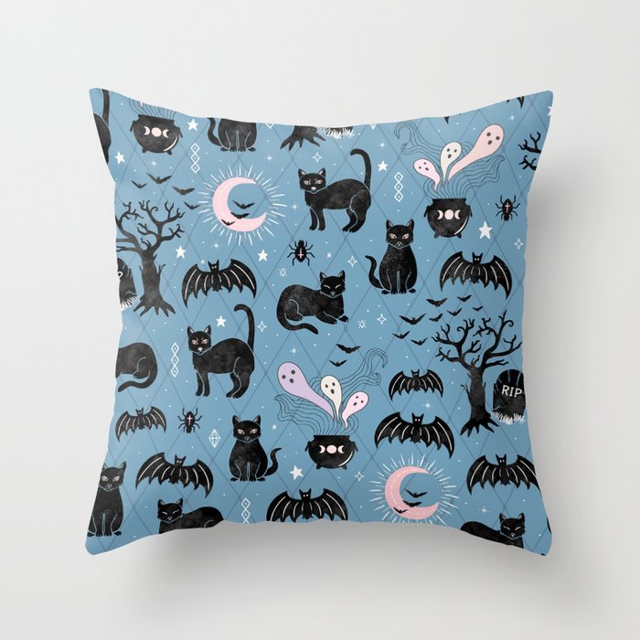 Black cats and bats, witchy things, halloween on dusty blue Throw Pillow