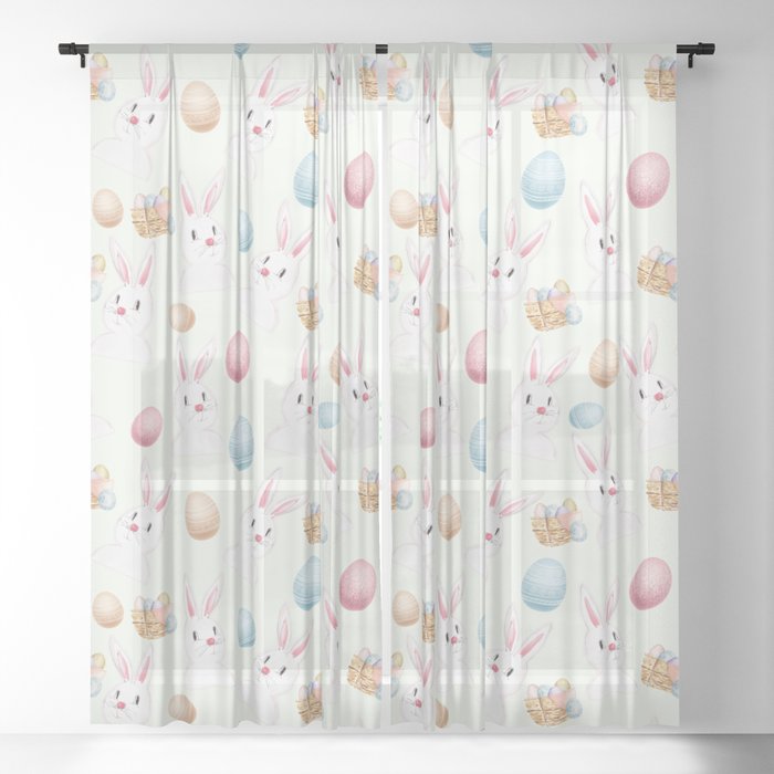 Easter Bunny And Eggs Pattern- Light Mint Green Sheer Curtain