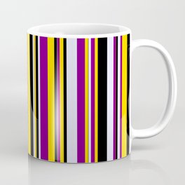[ Thumbnail: Yellow, Purple, Lavender & Black Colored Striped/Lined Pattern Coffee Mug ]