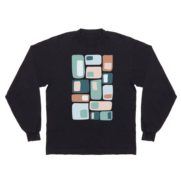 Mid Century Funky Squares and in Teal, Light Blue, Peach and Salmon Long Sleeve T Shirt