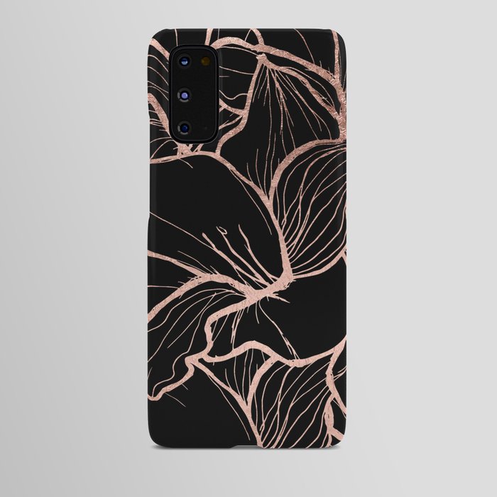 Modern rose gold abstract handdrawn floral pattern on black Android Case