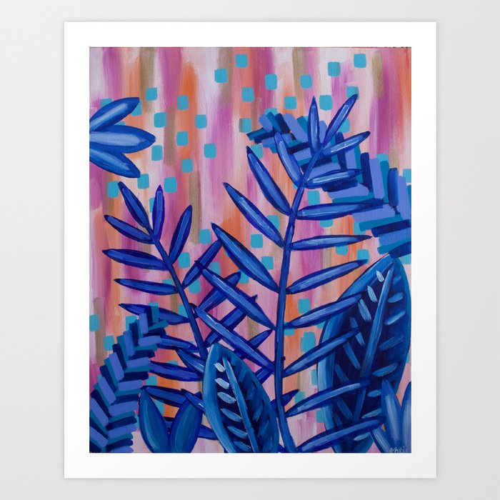 Blue Tropical Leaves Abstract Acrylic Painting Art Print By Fiberandgloss Society6