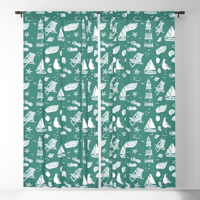 Green Blue And White Summer Beach Elements Pattern Blackout Curtain