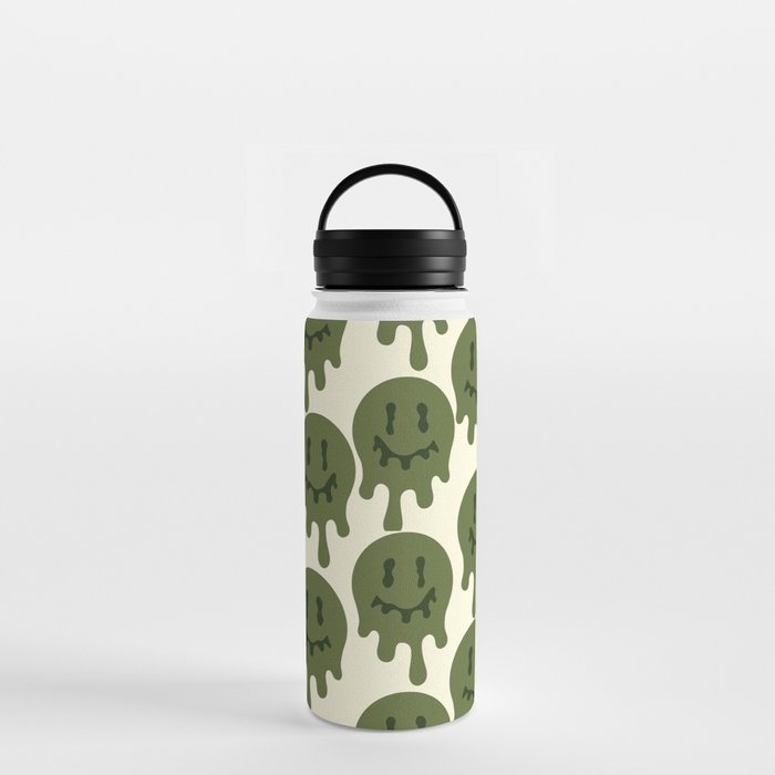 Melted Smiley Faces Trippy Seamless Pattern - Dark Green Water Bottle