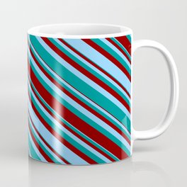 [ Thumbnail: Light Sky Blue, Dark Cyan & Maroon Colored Lined Pattern Coffee Mug ]
