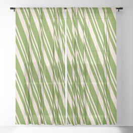 [ Thumbnail: Beige & Green Colored Lines Pattern Sheer Curtain ]