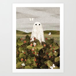 Strawberry Fields Art Print | Folkart, Ghost, Spirit, Plant, Springtime, Butterlfies, Painting, Strawberrypicking, Crop, Haunt 