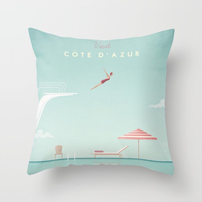 Vintage Côte d'Azur Travel Poster Throw Pillow