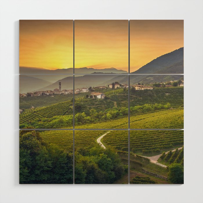 Prosecco Hills, vineyards and S.Pietro di Barbozza village at sunset. Italy Wood Wall Art