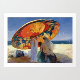 Reflected Shadows; Red-Gold Umbrella with Women Changing at Beach Day End painting by Lluís Masriera Art Print